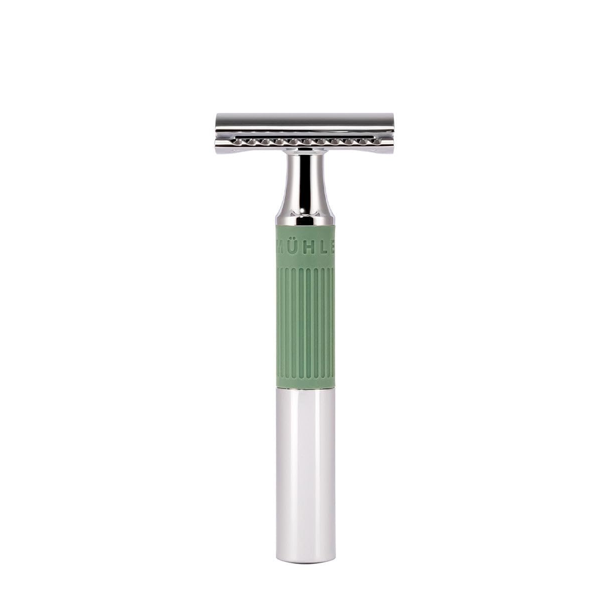 MÜHLE NEO safety razor|double edge safety razor for beginners and experienced shavers|sustainable eco-friendly and reusable|for men and women|chrome with sage green silicone grip handle