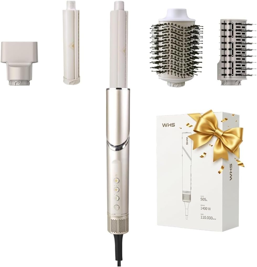 WHS 5-in-1 BLDC Hair Dryer & Air Brush, BLDC 110,000 RPM Fast Drying, Ionic Function, Cool Shot Button, Salon Long Life Quality, Auto-Clean, Auto-Wrap Curlers, Paddle Brush, Oval Brush, Concentrator