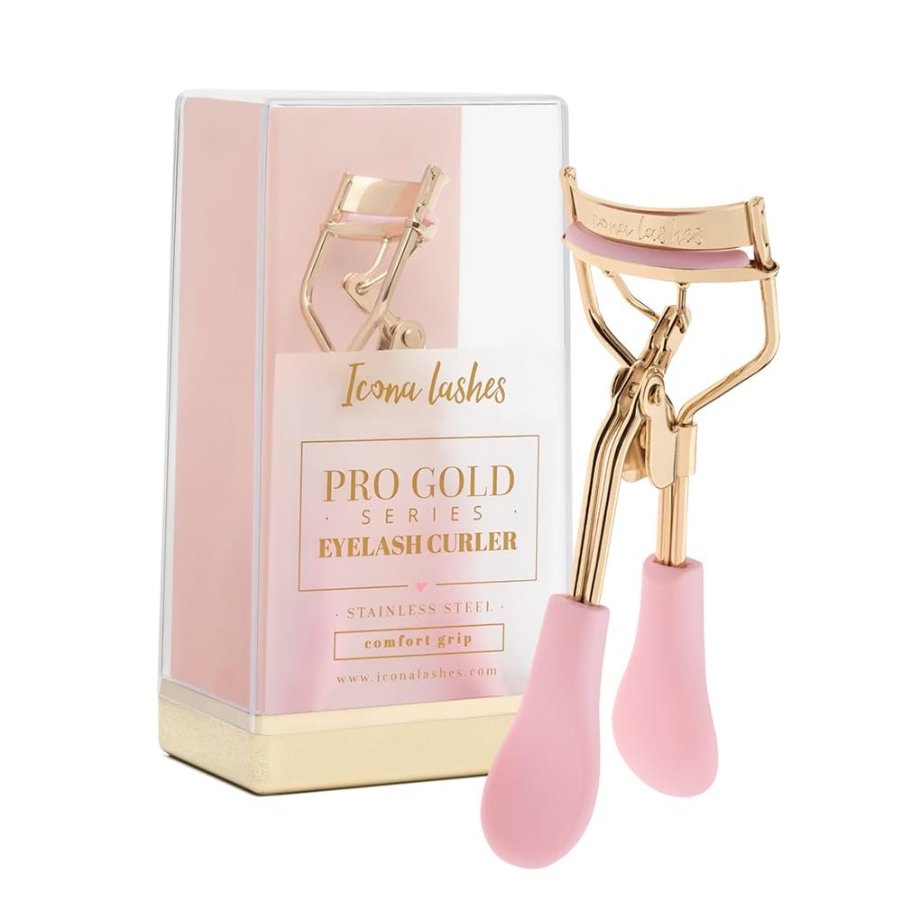 Icona Lashes Eyelash Curler – 24K Gold-Plated Stainless Steel Precision Eye Lash Curler for Lush, Luxurious Lashes – Silicone Eyelash Curler Pads, Ergonomic Cushioned Handles – With Replacement Pads