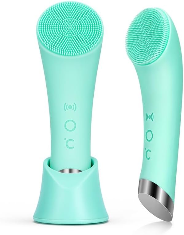 PRITECH Silicone Face Scrubber, Rechargeable Facial Cleansing Brush with Heat Massage End, Vibrating Exfoliator Scrubber for Deep Cleaning, Waterproof Face Brush for Women and Men (Green)