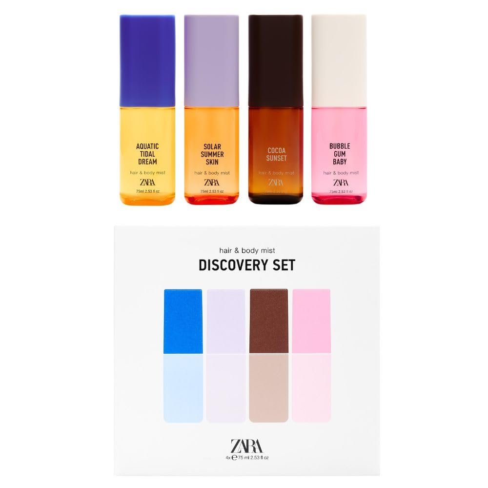 Zara Online Exclusive Discovery Set Body Mist for Women Fruity Fragrance Collection for Body & Hair, Cocoa Sunset, Aquatic Tidal Dream, Bubble Gum Baby & Solar Summer Skin 4x75ML (2.53 fl oz)