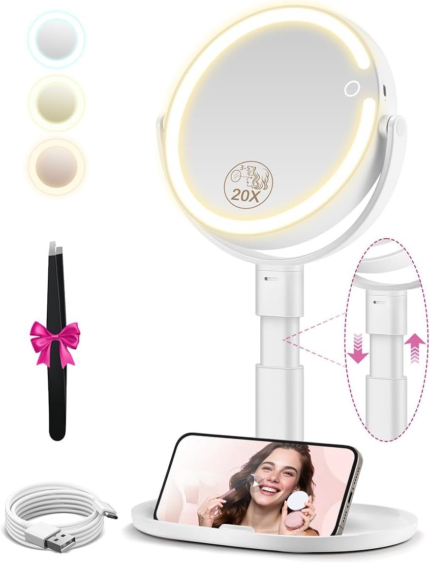 MOMOKUBA Makeup Mirror with Lights, 20X Magnifying Mirrors, Height Adjustable, Vanity Mirror with Lights Rechargeable 3 Color Modes, Double-Sided Detachable Travel Mirrors, Gift for Women, White