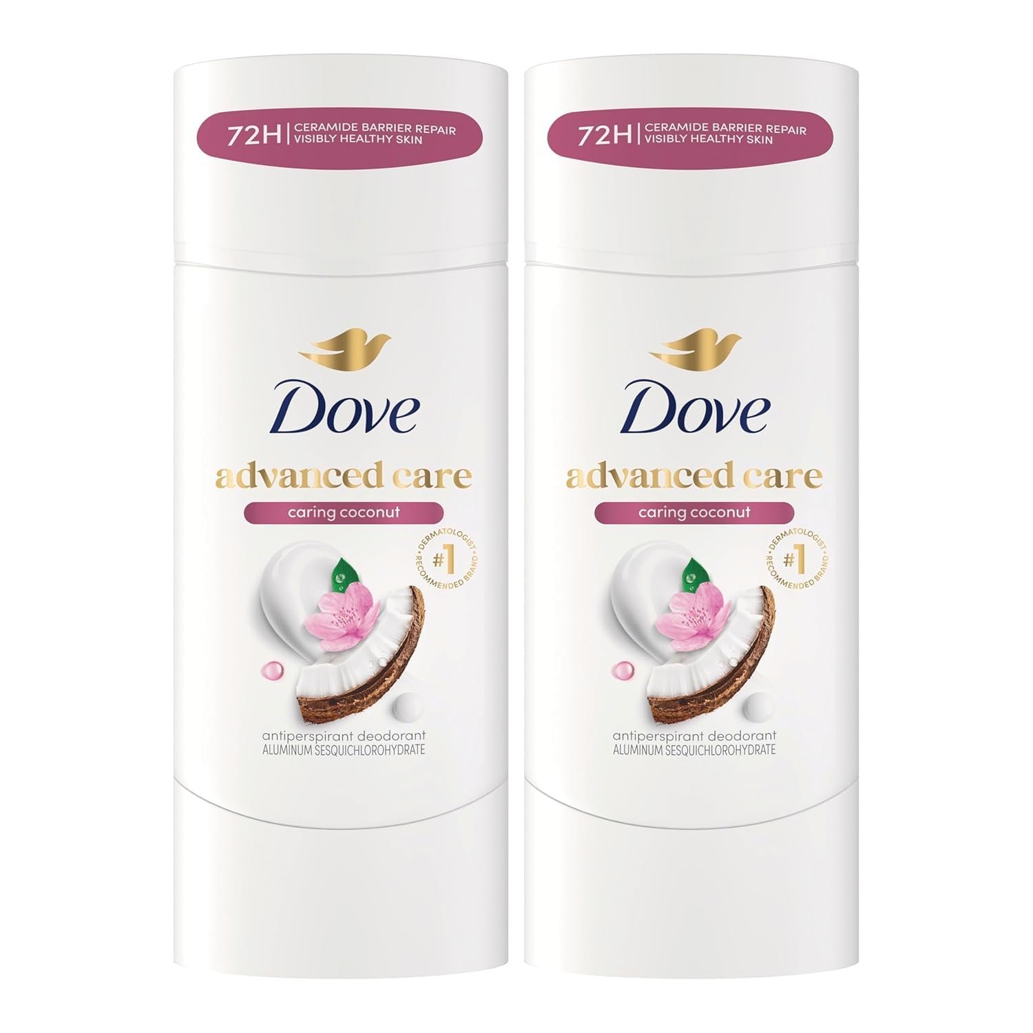 Dove Advanced Care Antiperspirant Caring Coconut, 2 Count Deodorant Stick for Women, for 48 Hour Protection And Soft And Comfortable Underarms, 2.6 oz
