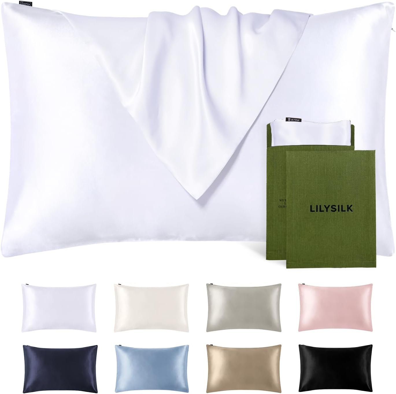 LILYSILK Silk Pillowcase for Hair and Skin Standard-100% Mulberry Silk 19 Momme Both Sides Silk Bed Pillow Cover with Hidden Zipper, 1 Pc (Standard Size 20”x26”, White)