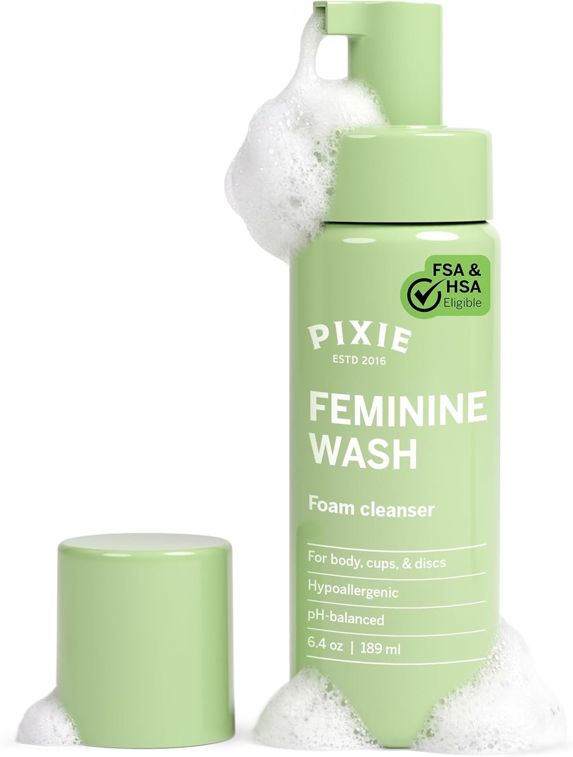 Pixie Foaming Feminine Wash – All Natural Plant-Based Ingredients – Ranked 1 On Gentle Cleaner for Intimate Care, Menstrual Cups and Discs – pH Balanced, Hypoallergenic, Fragrance-Free (6.4oz)