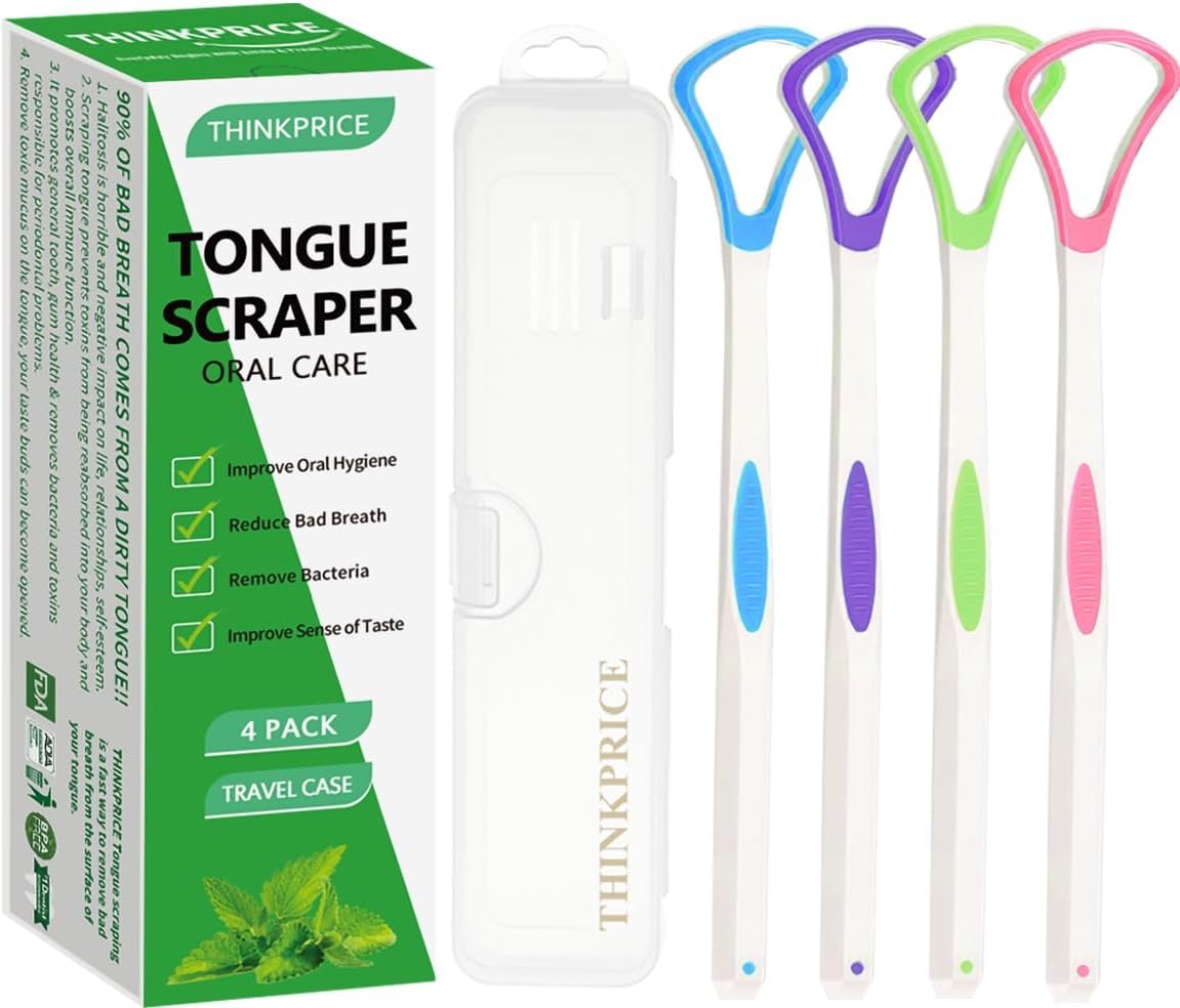 Tongue Scraper Cleaner 100% BPA Free Tongue Scrapers with Travel Handy Case for Adults, Kids, Healthy Oral Care, Easy to Use, Help Fight Bad Breath (4 PACK)