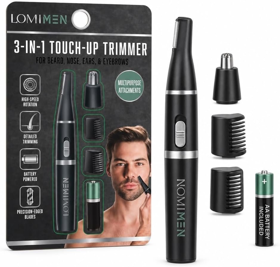 LOMIMEN 3-in-1 Men’s Touch-Up Trimmer for Beard Nose Ears and Brows