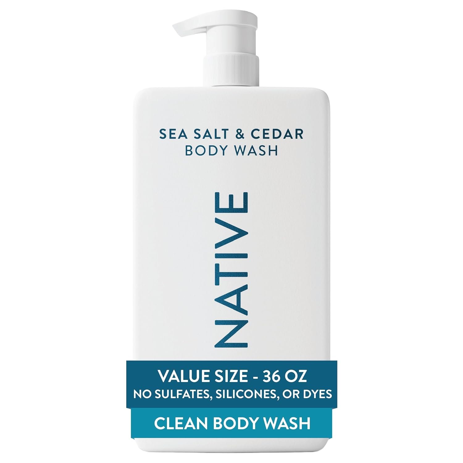 Native Clean Body Wash, Gentle & pH-balanced for Sensitive Skin, 24-Hr Freshness for Women & Men, Vegan & Cruelty-Free, Free of Sulfates, Parabens & Phthalates, Sea Salt & Cedar, 36 oz