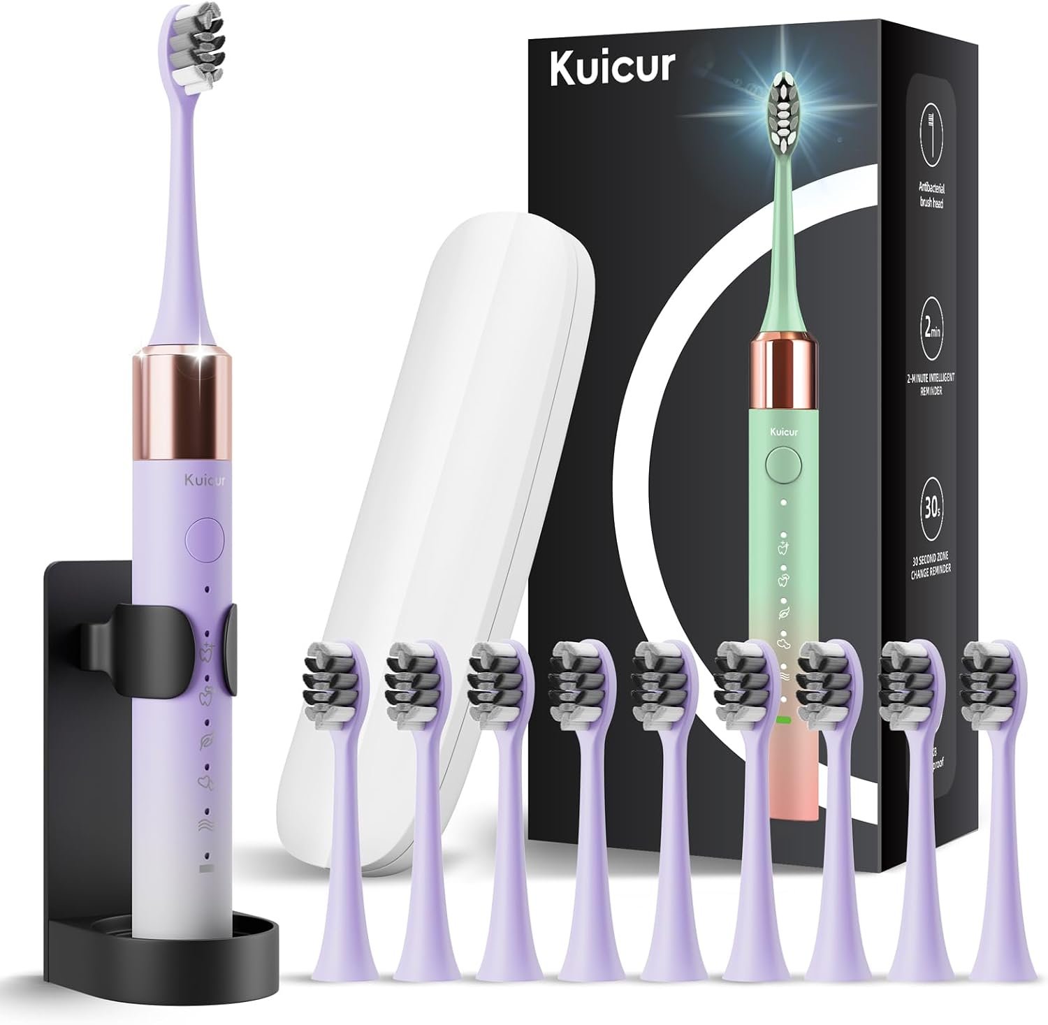 Kuicur Electric Toothbrush for Adults & Kids, Rechargeable Electric Toothbrush with 10 Brush Heads & Travel Case, Teeth Whitening, Holder, Charge for 120 Days – Purple