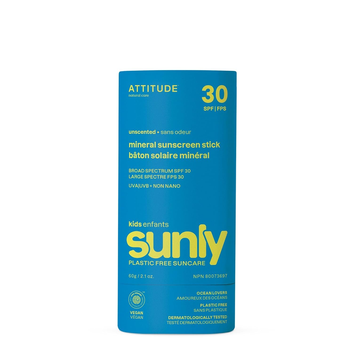 ATTITUDE Kids Mineral Sunscreen Stick SPF 30, Zinc Oxide, Unscented, 2.1 Oz