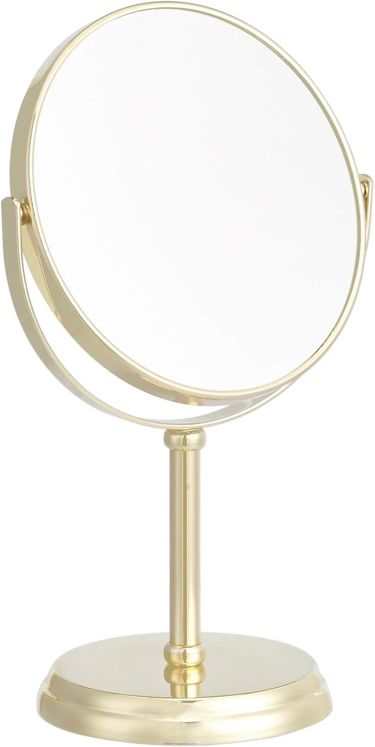 Amazon Basics 360° Rotation Double Sided Vanity Mirror, 1X/5X Magnification, Tabletop Mount, Iron Frame, 7.2″L x 4.92″W, Gold