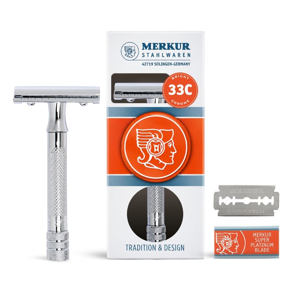 MERKUR 33C Double Edge Safety Razor, Three-Piece Design, Closed Comb, Short Handle, Bright Chrome Finish, Made in Germany