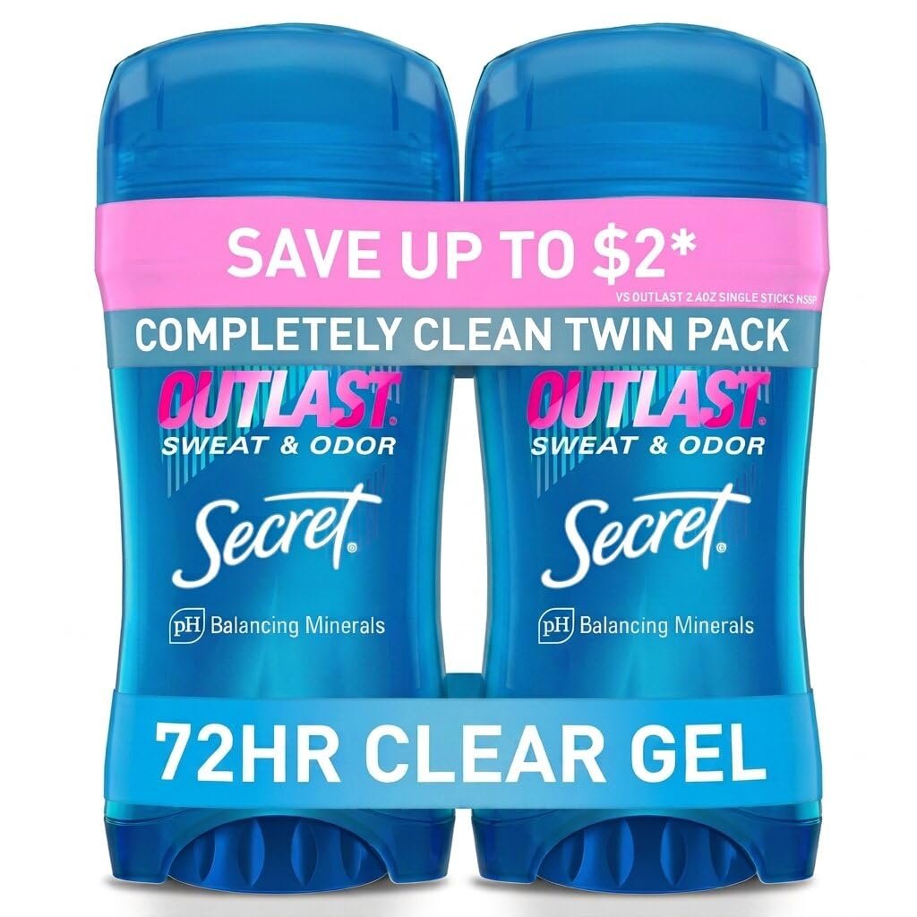 Secret Outlast Antiperspirant Deodorant for Women, 72hr Sweat & Odor Protection, PH Balancing Minerals, Pro-Hyaluronic Acid, Clear Gel, Completely Clean Scent, 2.6 oz (Pack of 2)