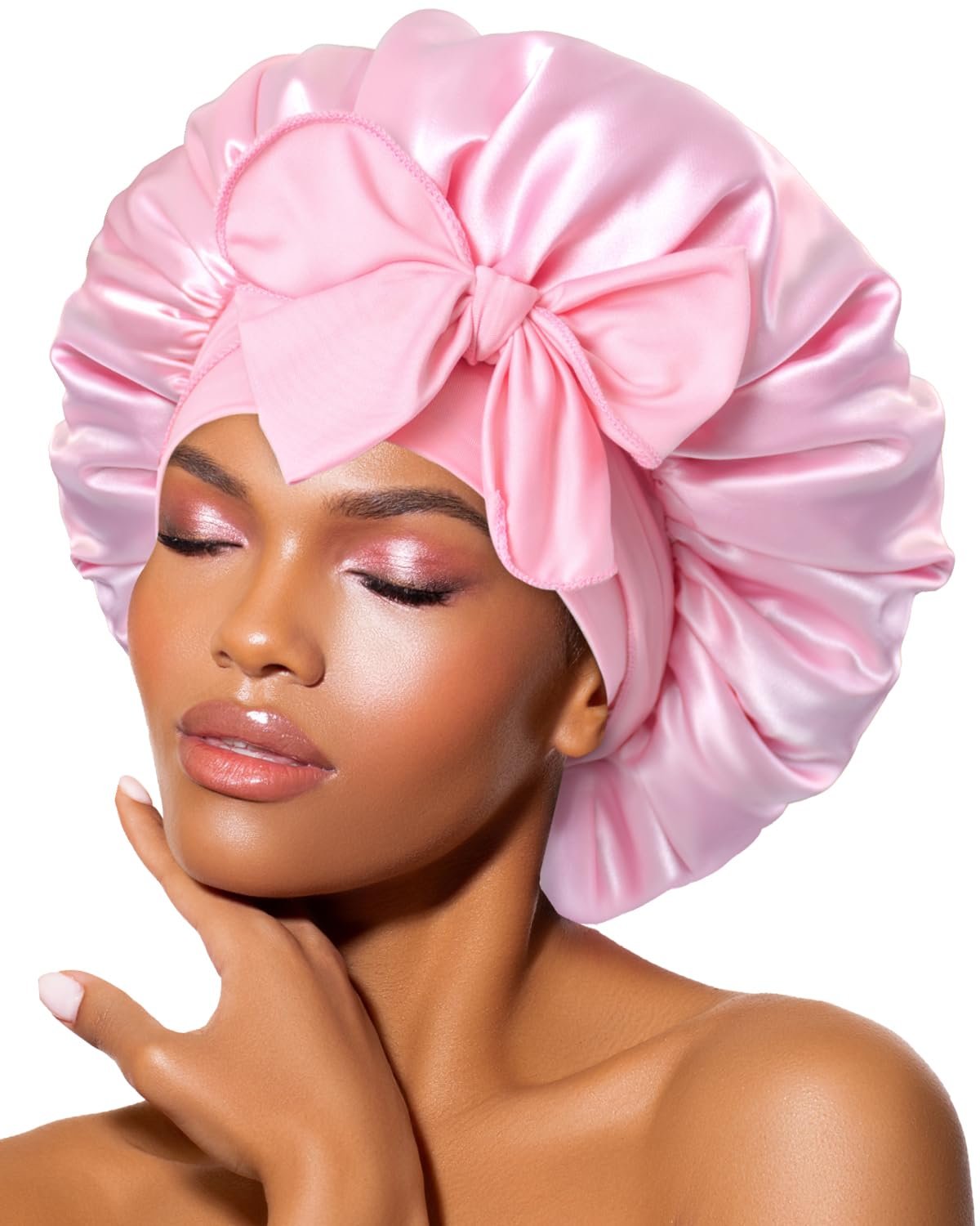 BONNET QUEEN Very Soft Satin Lined Bonnet,Anti-Frizzy Silk Like Bonnet for Sleeping for Curly Hair with Tie Band,Grey Rose Gold