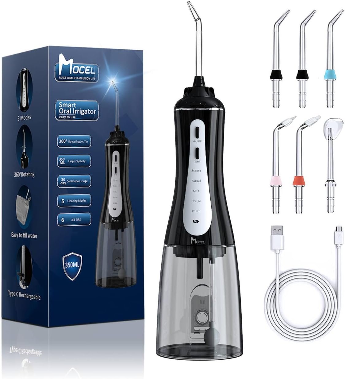 MOCEL Water Dental Flosser Oral Irrigator with 5 Modes, 350ml Cordless Water Teeth Cleaner Pick 6 Tips, IPX7 Waterproof Rechargeable Portable Powerful Battery for Travel & Home Braces & Bridges Care
