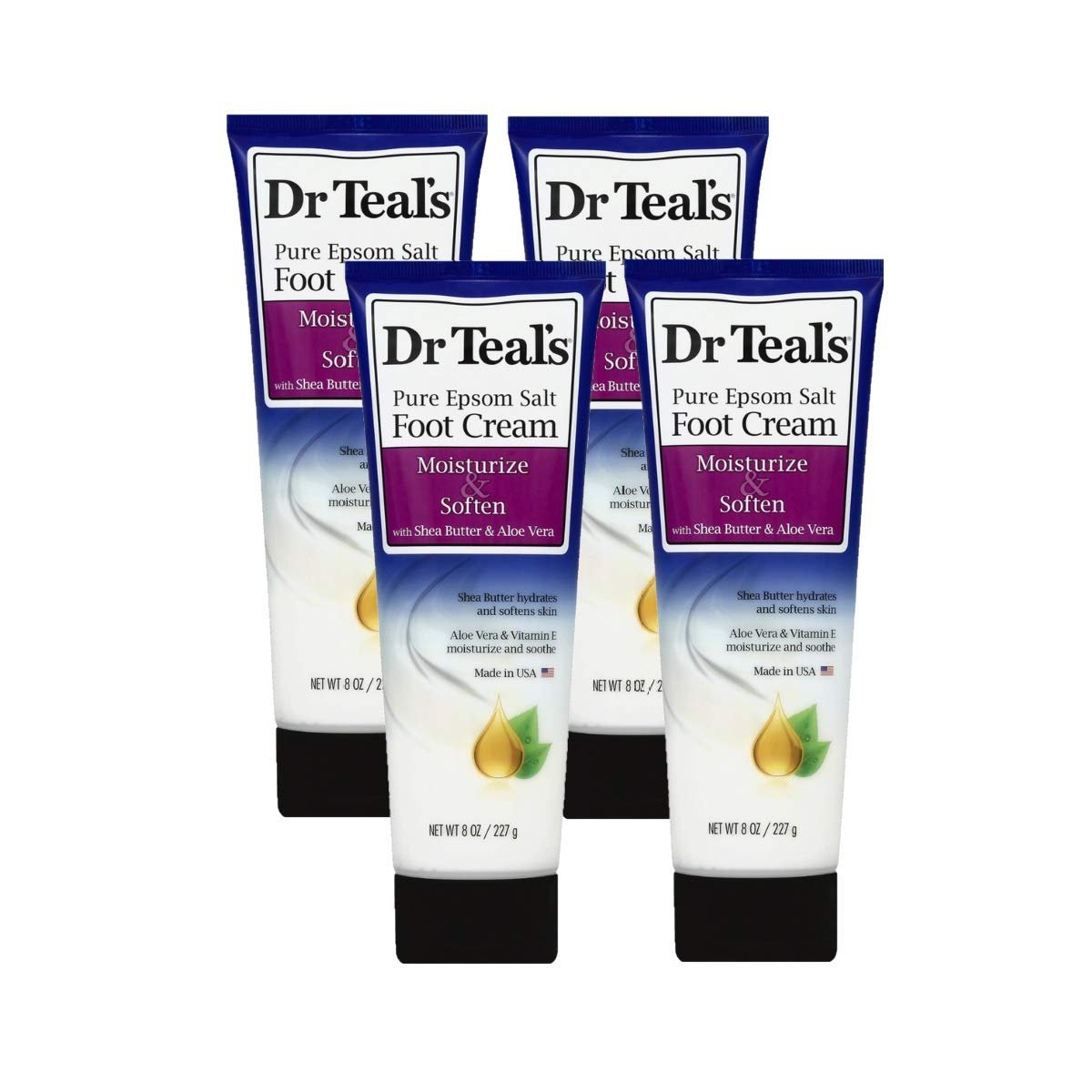 Dr. Teals Pure Epsom Salt Foot Cream Gift Set (4 Pack, 8oz Ea.) – Moisturize & Soften with Shea Butter & Aloe Vera Essential Oils – Eases Aches & Pains, Promotes Healthy Looking Skin