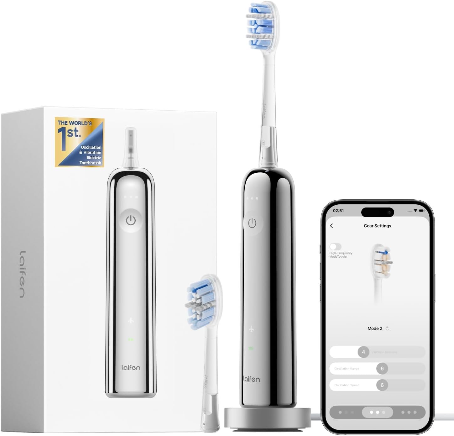 Laifen Wave Pro Toothbrush, 60° Oscillation & WaveMotion, Stainless Steel