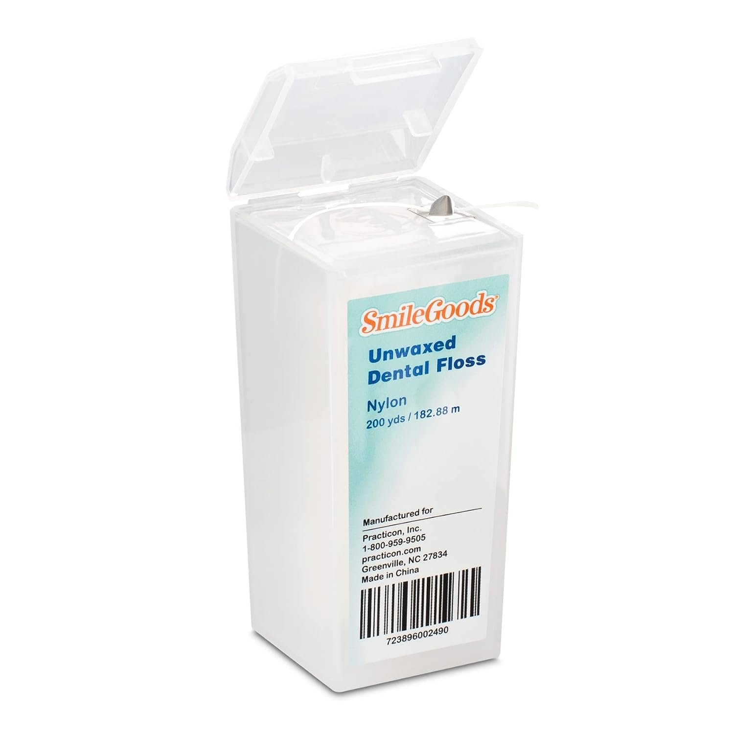 Practicon SmileGoods Unwaxed 200 Yard Dental Floss, Shred Resistant Nylon, Noncoated, Wax Less, Wax Free Floss, 1 Pack