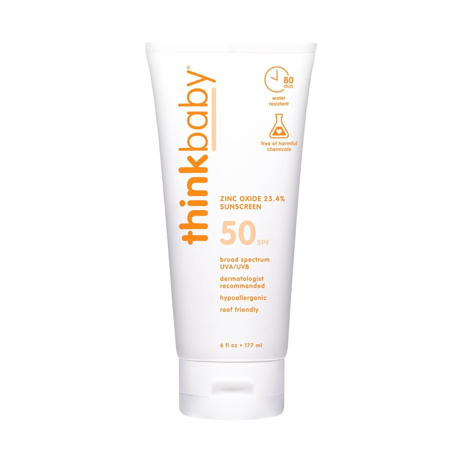 Thinkbaby Baby Sunscreen SPF 50+, Mineral Formula, Water Resistant, 6 Oz