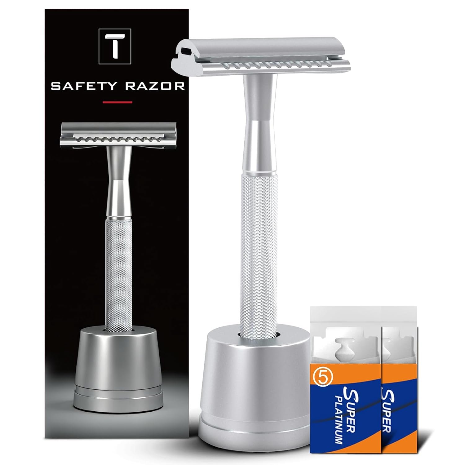 Safety Razor for Men, Double Edge Razor with 10 Blades & Stand