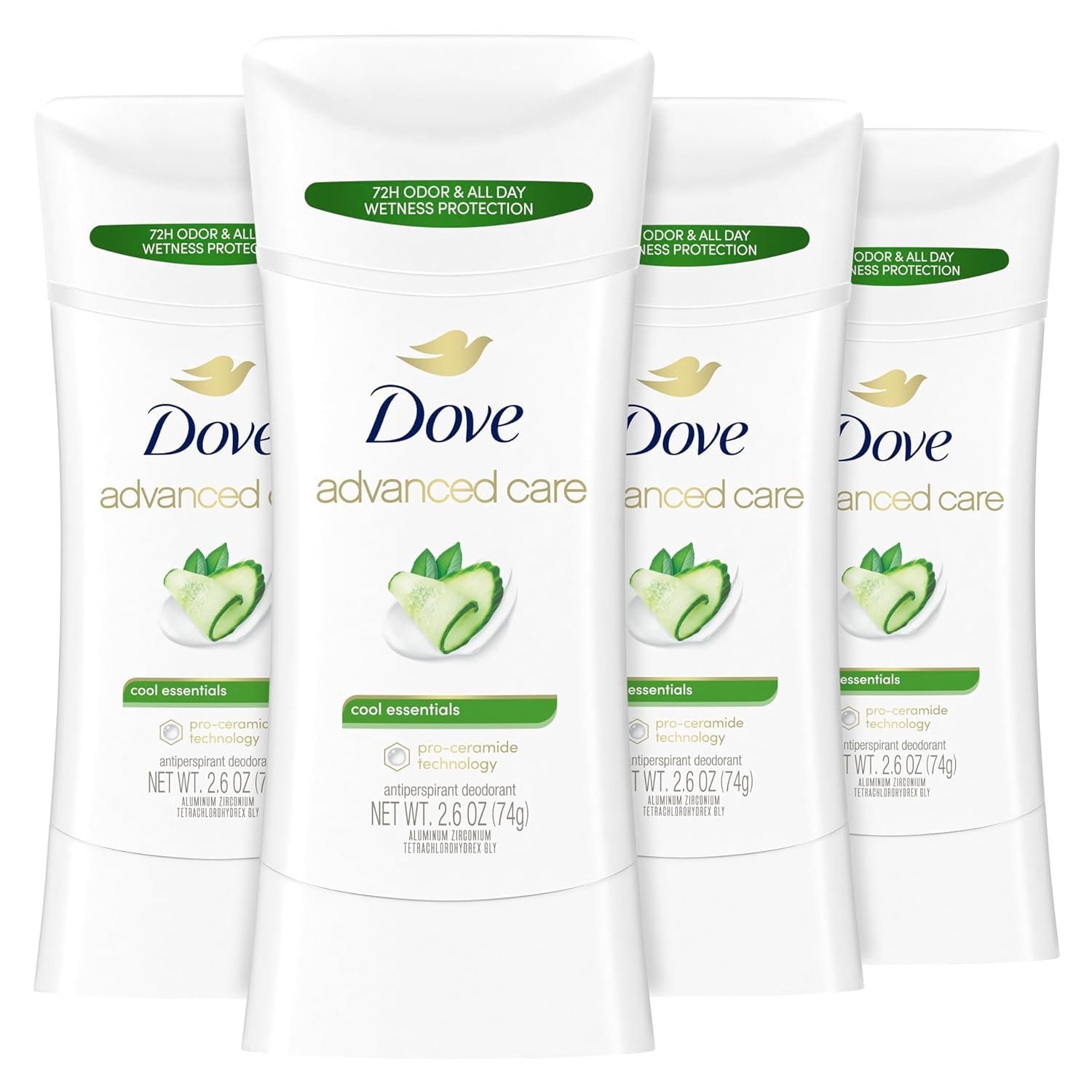 Dove Advanced Care Antiperspirant Deodorant Stick Cool Essentials 4 ct for helping your skin barrier repair after shaving 72 hour odor control and sweat protection with Pro Ceramide Technology 2.6 oz