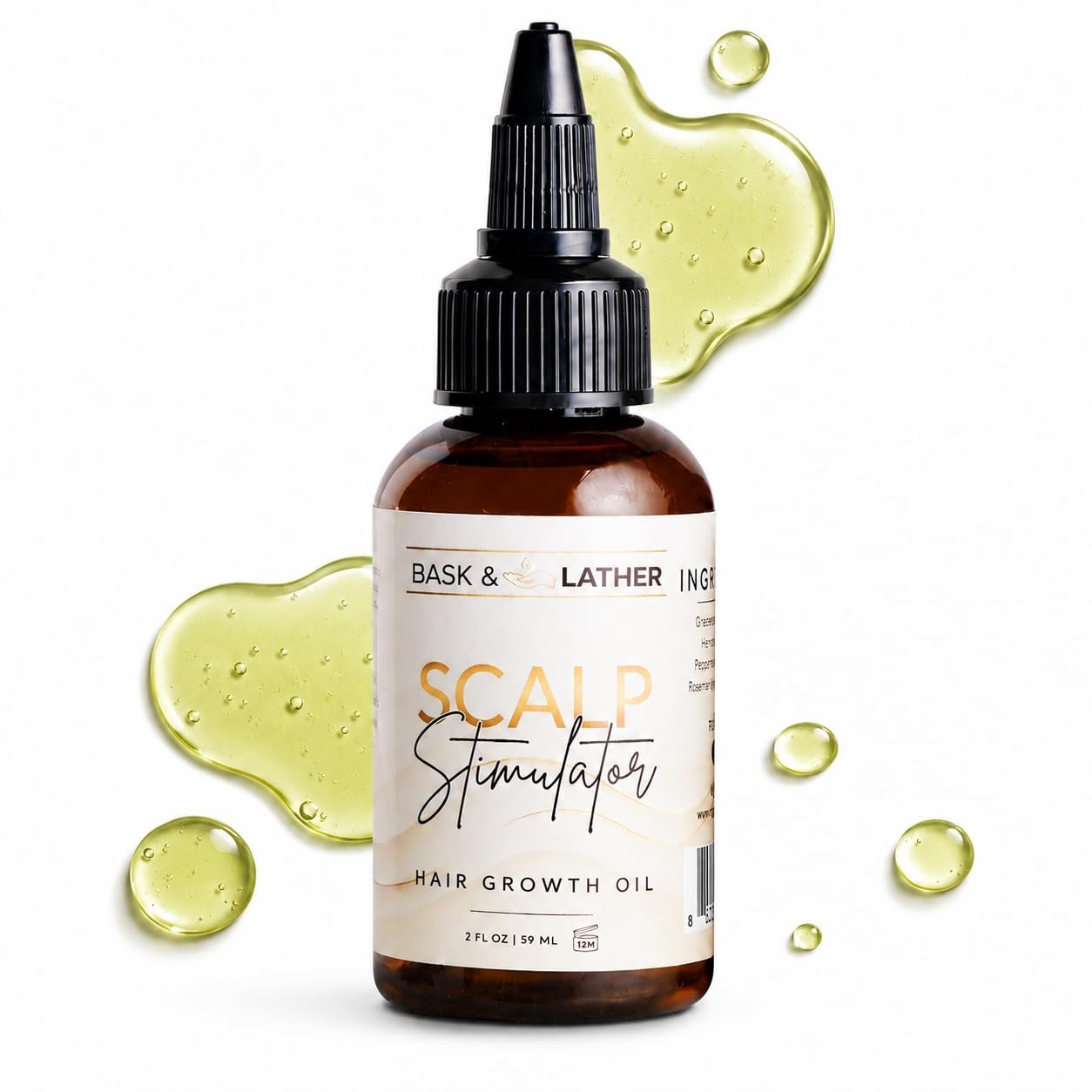 BASK & LATHER Scalp Stimulator Hair Growth Oil, Cold Pressed Mint and Rosemary Blend with Grapeseed for Hair Growth, Organic Natural Leave in, All Hair Types, 2 Fl Oz