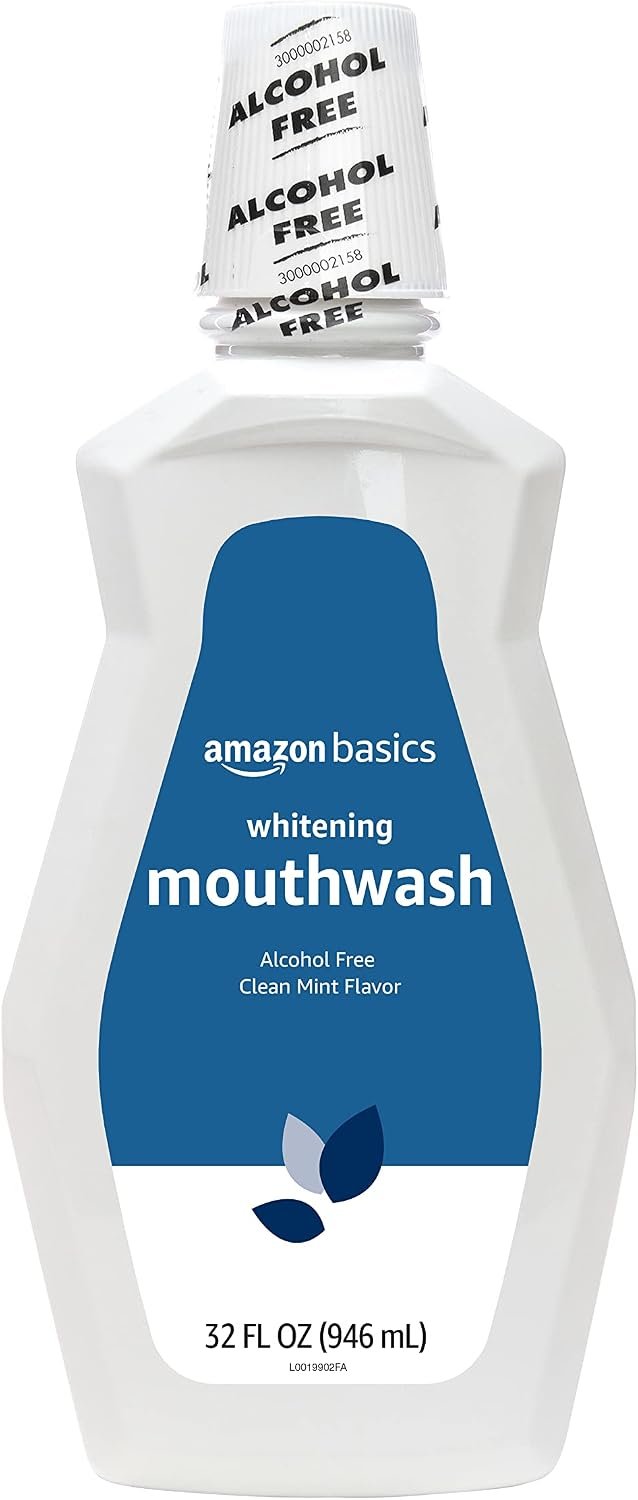 Amazon Basics Teeth Whitening Mouthwash, Alcohol-Free, Clean Mint, Breath Freshener, 32 Fluid Ounces, 1-Pack (Previously Solimo)
