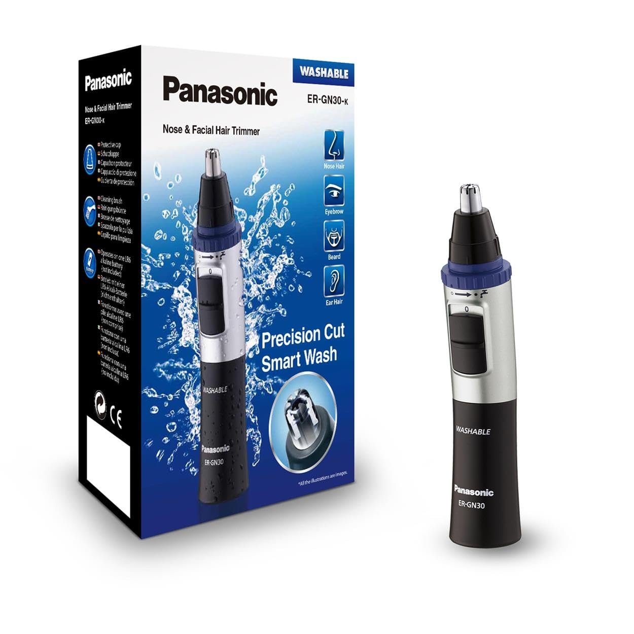 Panasonic ER-GN30-K Nose, Ear n Facial Hair Trimmer Wet/Dry with Vortex Cleaning System, Black