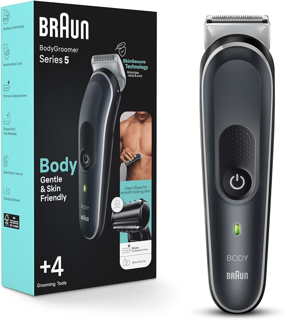 Braun Body Groomer Series 5 5360, Body Groomer for Men, for Chest, Armpits, Groin, SkinSecure Technology for Gentle Use and Clean Shave Attachment, Waterproof, Cordless with 100-min Run Time