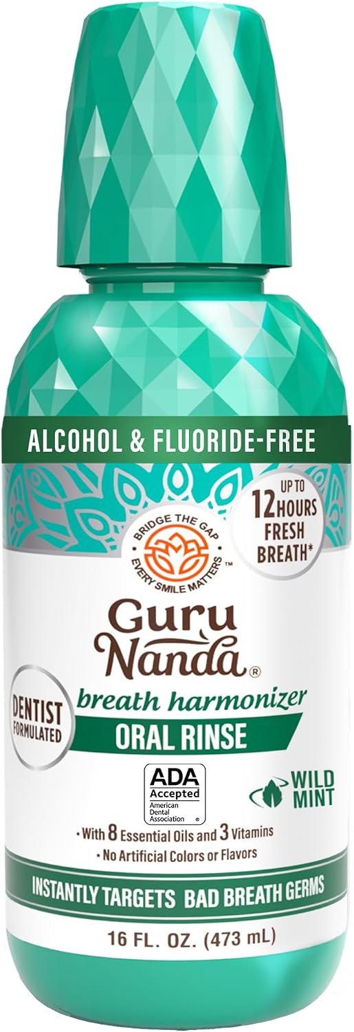 GuruNanda Oral Rinse Fresh Breath Mouthwash, ADA-Accepted Alcohol-Free Mouthwash, 7 Essential Oils & Vitamins, SLS & Flouride-Free, Wild Mint, 16 Oz