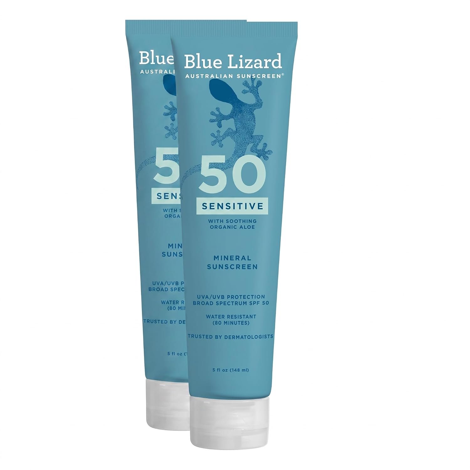 BLUE LIZARD Mineral Sunscreen, SPF 50+, Tube, Zinc Oxide | Water Resistant | Fragrance Free | For Sensitive Skin | 5 Fl Oz Pack of 2