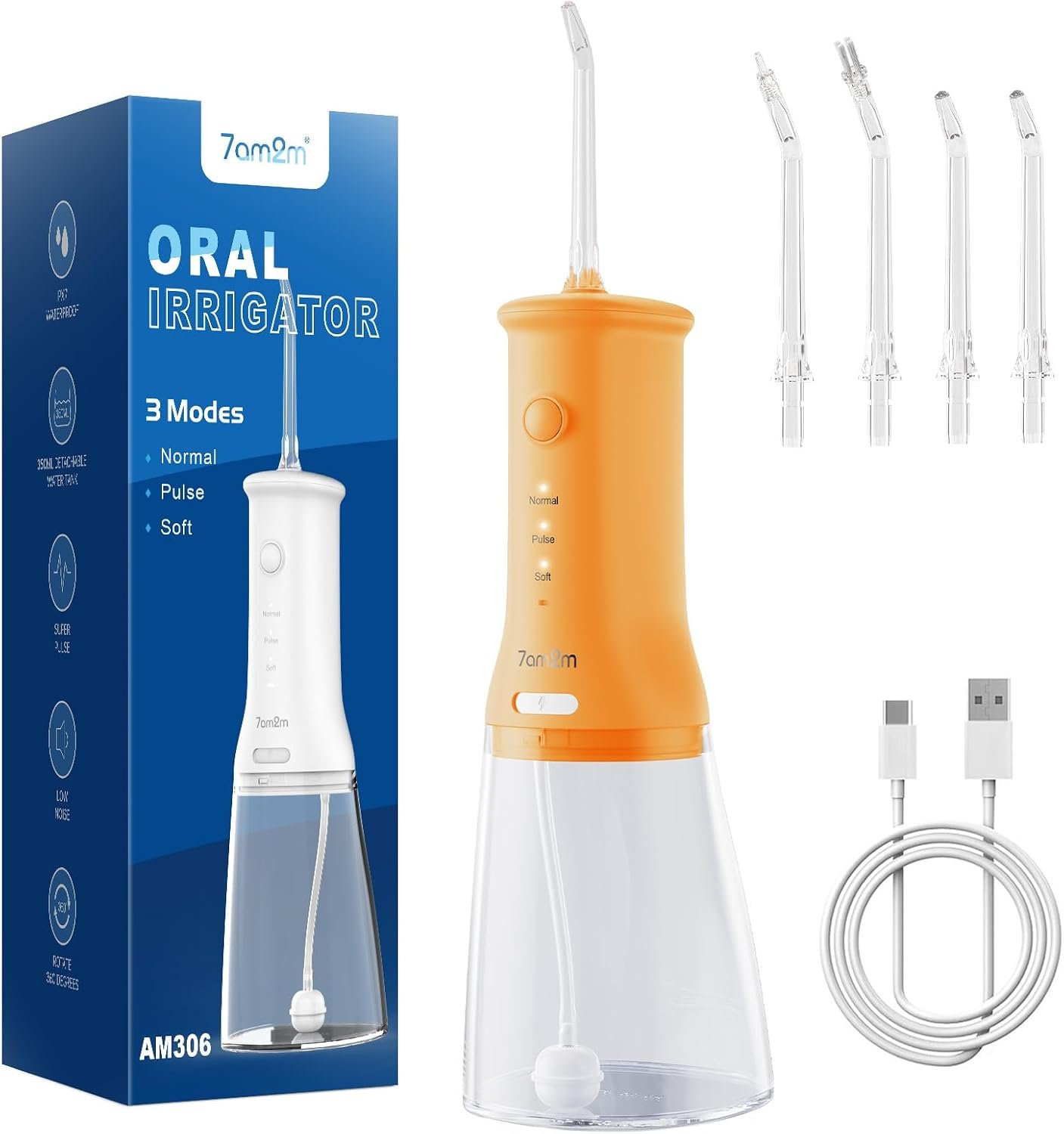 7AM2M Cordless Water Flosser Oral Irrigator 350ML Tank Type-C Rechargeable