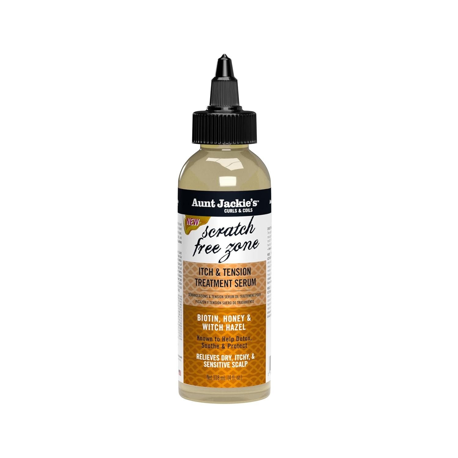 Aunt Jackie’s Braid + Twist Collection Scratch Free Zone Itch & Tension Treatment Serum – Relieve Dry, Itchy Scalp with Witch Hazel, Biotin, and Honey – 4 fl oz