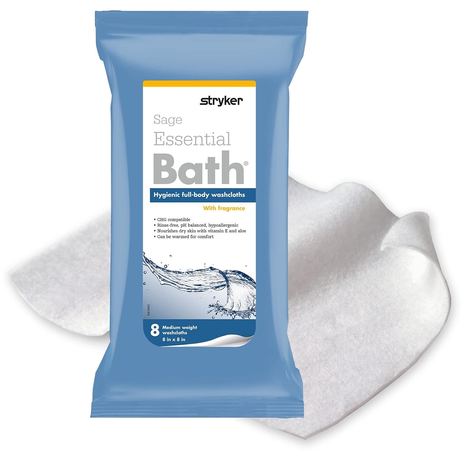 Stryker – Sage Essential Bath Cleansing Washcloths – 6 Packages, 48 Cloths – Fresh Scent, No-Rinse Bathing Wipes, Ultra-Soft and Medium Weight Cloth, Hypoallergenic