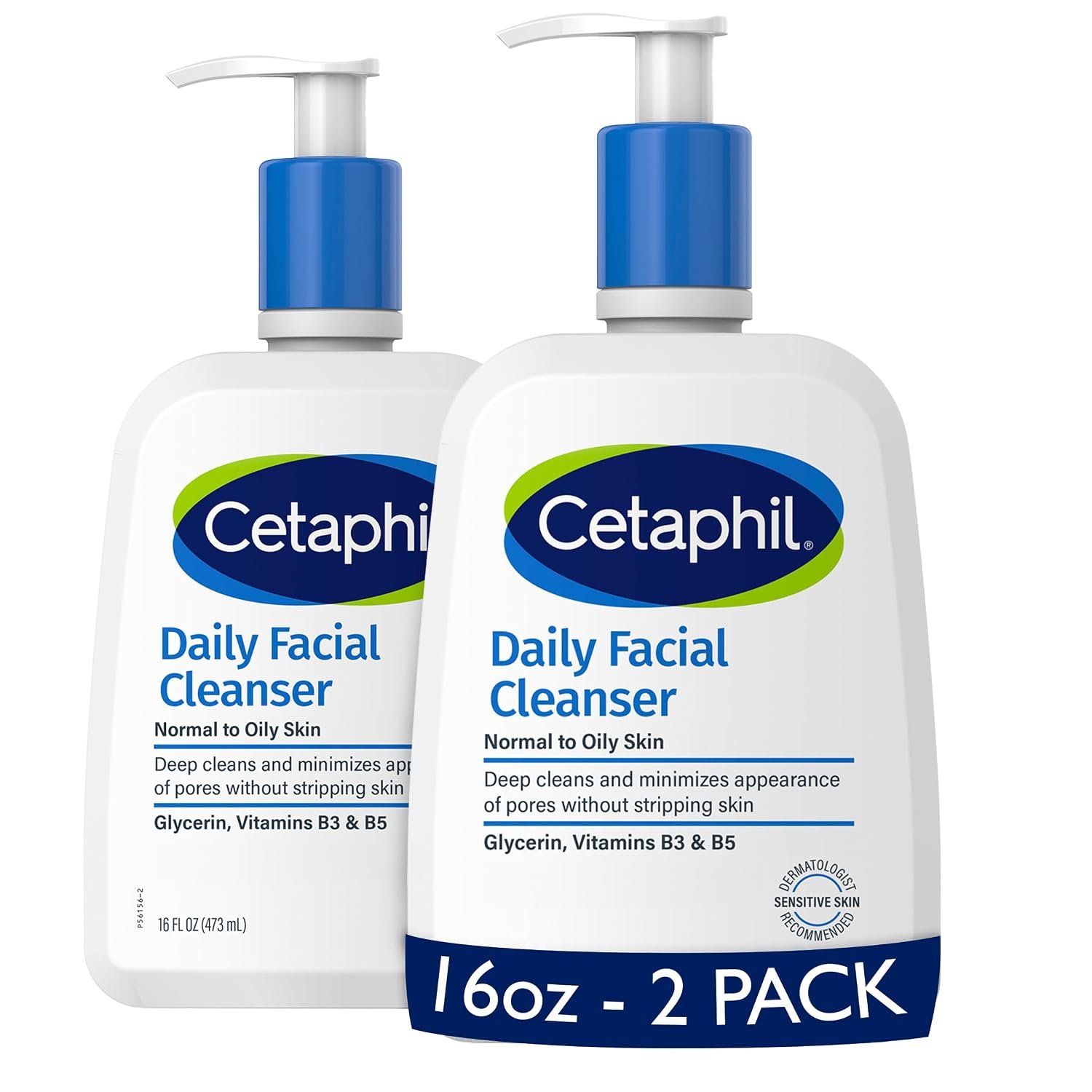Cetaphil Daily Facial Cleanser, Oily & Combination Skin, 16 fl oz, 2 ct
