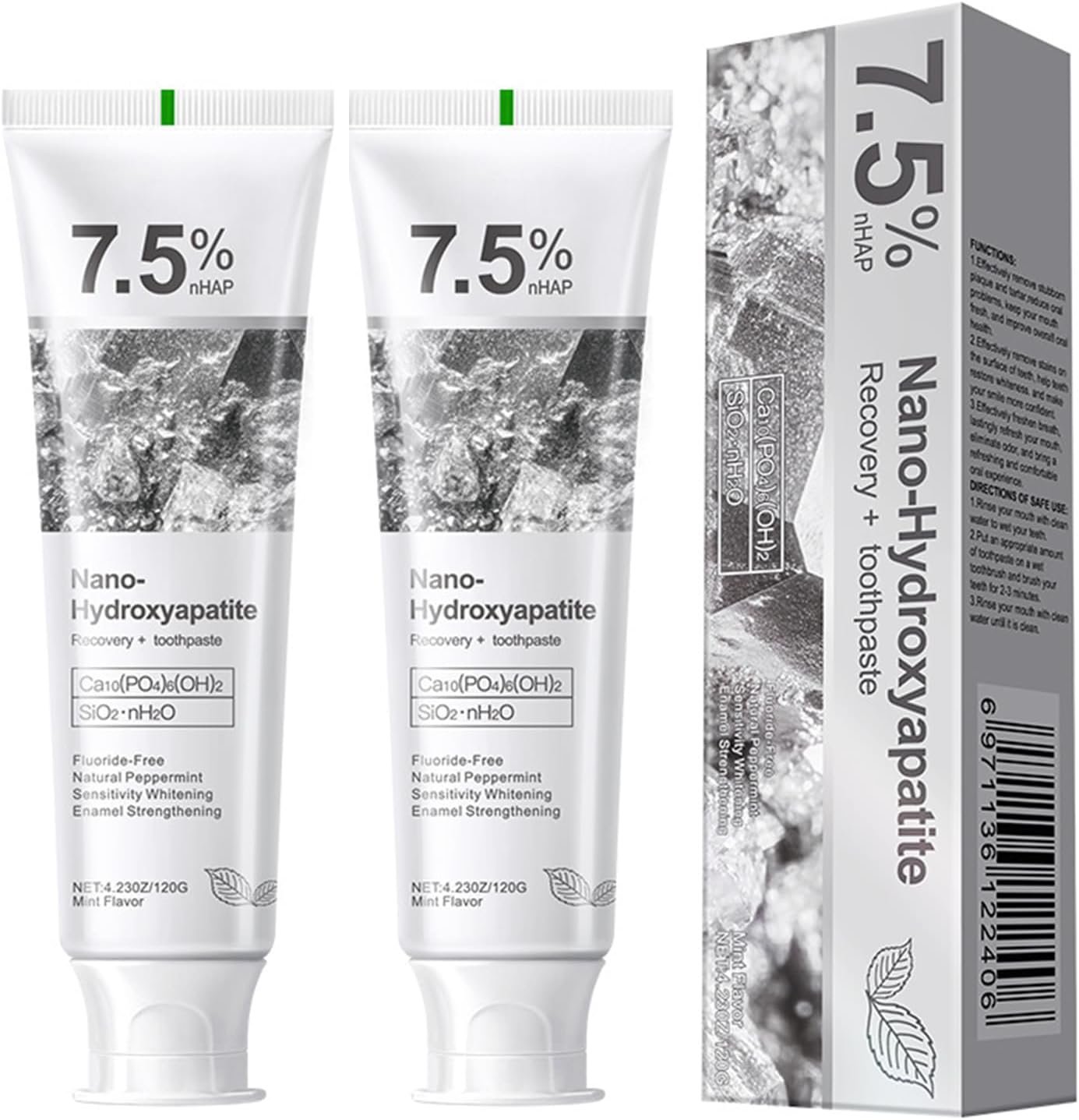7.5% Nano-Hydroxyapatite Toothpastes for Enamel Protection and Tooth Strengthening, Gentle Mint, Fresh Breath, Fluoride-Free Toothpaste for Sensitive Teeth，2 Tubes