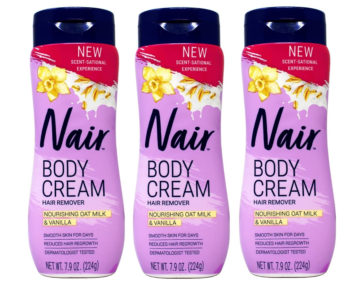 Nair Body Cream Hair Remover, Nourishing Oat Milk & Vanilla, Dermatologist Tested, 7.9 oz (Pack of 3)