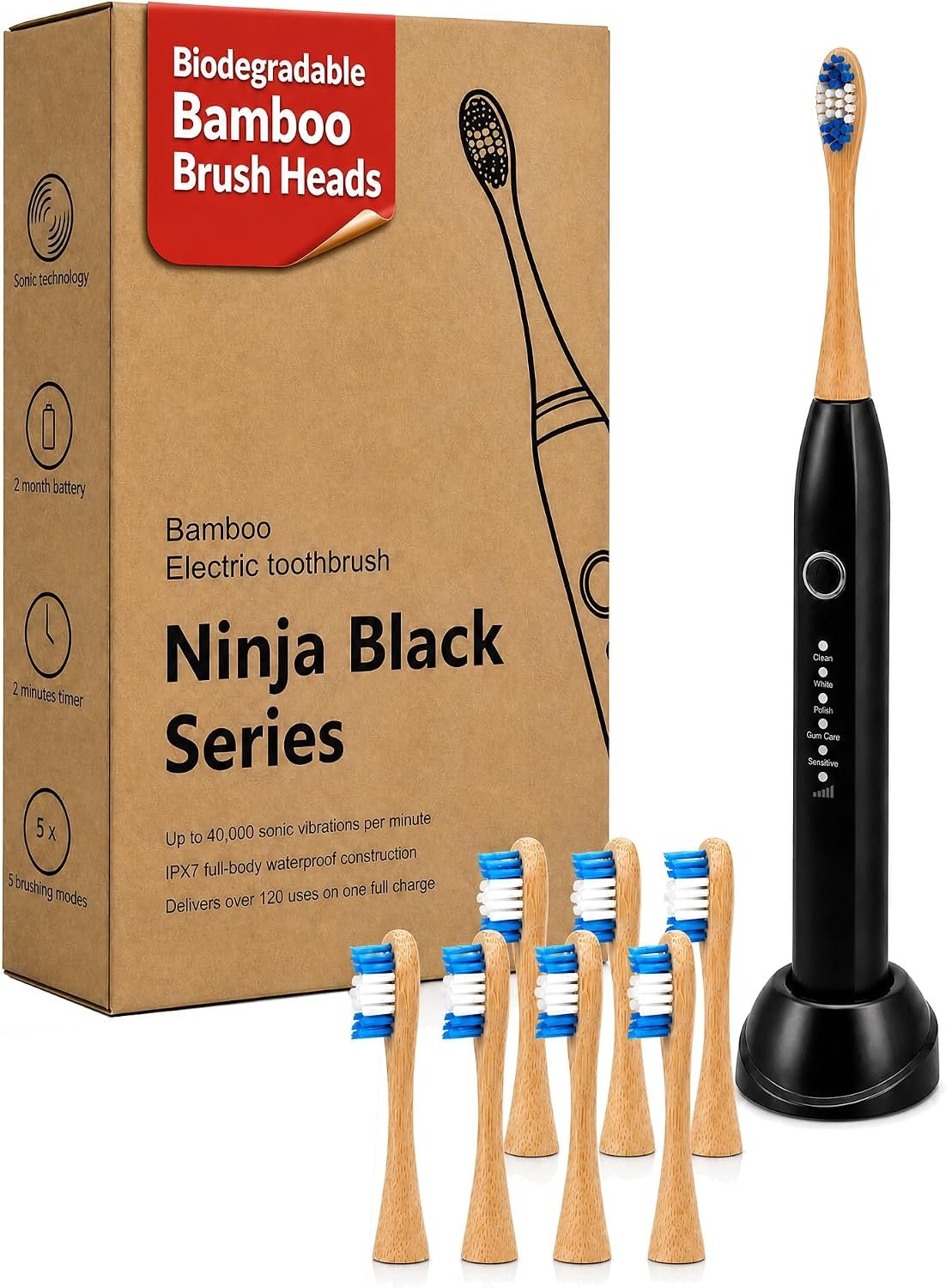 Bamboo Sonic Electric Toothbrush, 8 Bamboo Brush Heads