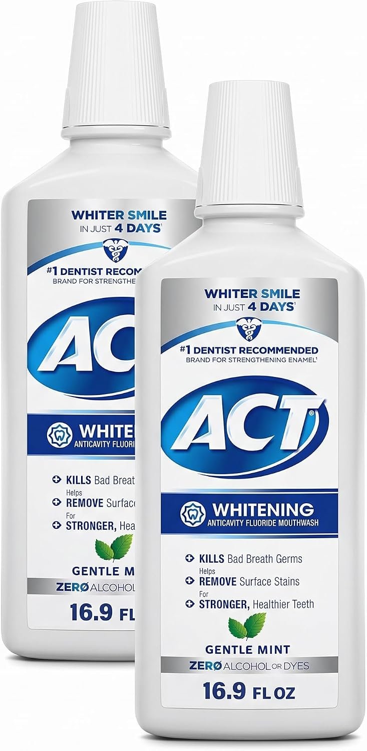 ACT Whitening + Anticavity Fluoride Mouthwash 16.9 fl. oz. with Zero Alcohol, Dye Free, Gentle Mint (Pack of 2)