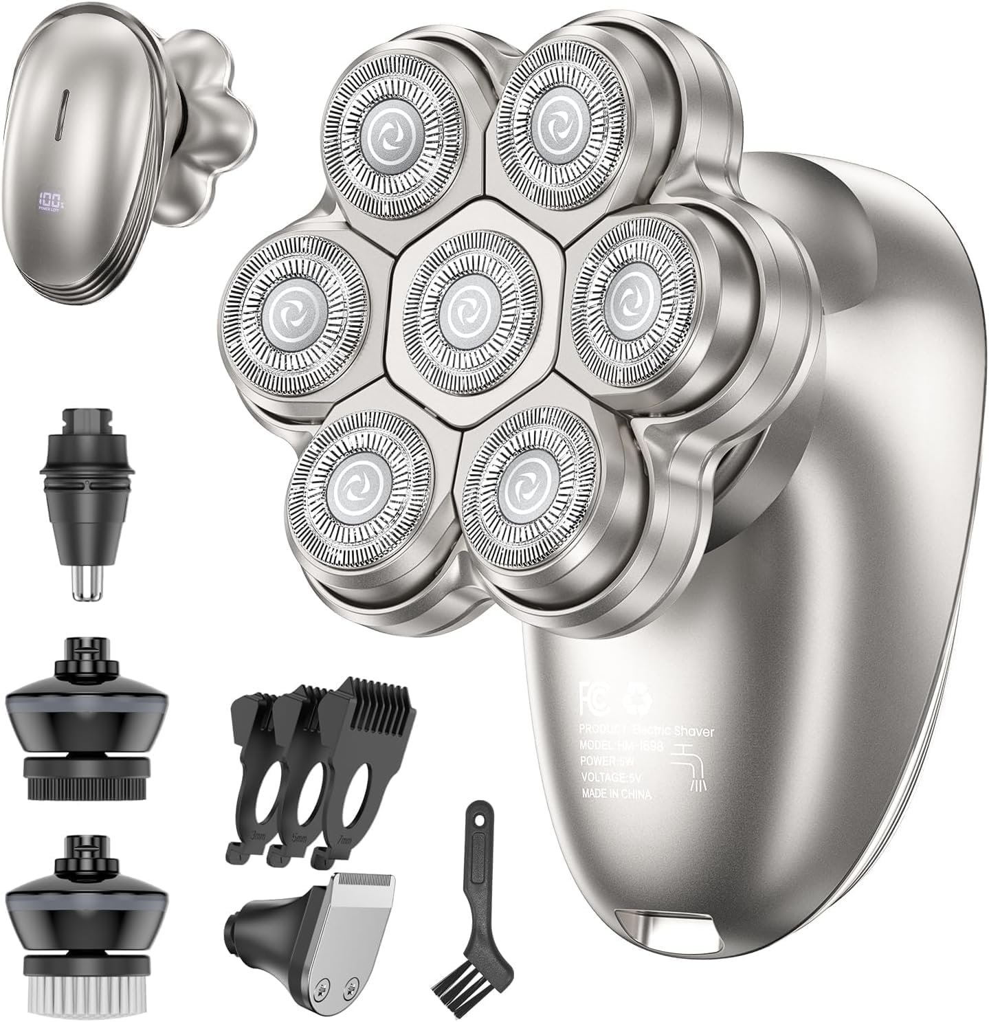 5 in 1 Head Shavers for Bald Men, Electric Razor IPX7 Waterproof for Bald Men, 7D Rotary Shaver, Wet Dry Bald Head Shavers, LED Display Rechargeable with Grooming Kit，for Head & Face & Beard Shaver