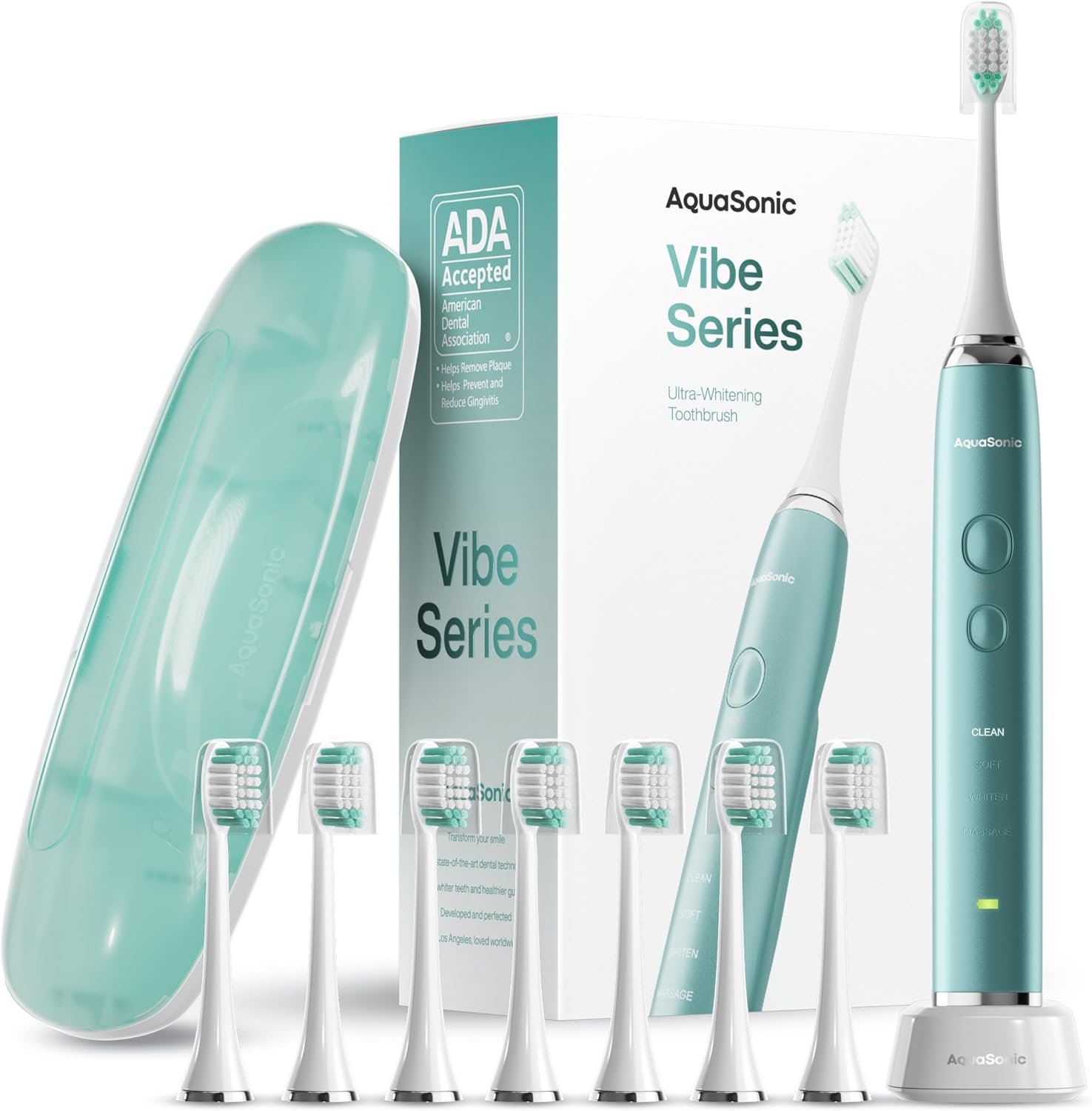 Aquasonic Vibe Series Ultra-Whitening Toothbrush – ADA Accepted Power Toothbrush – 8 Brush Heads & Travel Case – 40,000 VPM Motor & Wireless Charging – 4 Modes w Smart Timer – Mint Green Metallic