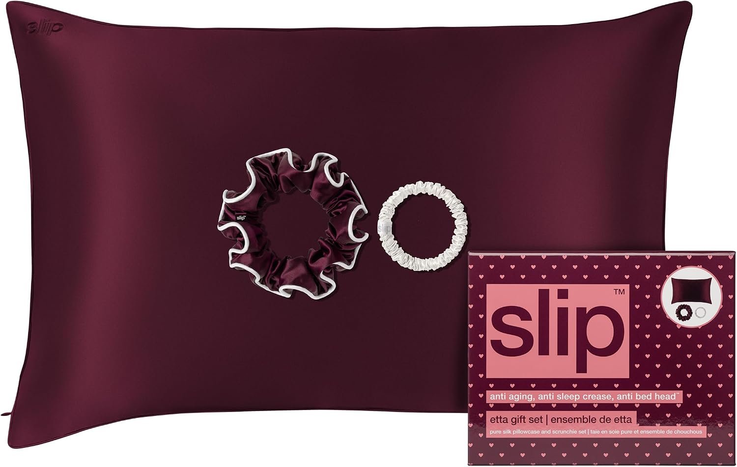 Slip Pure Silk Etta Gift Set, Queen Pillowcase & 2 Scrunchies, Crimson