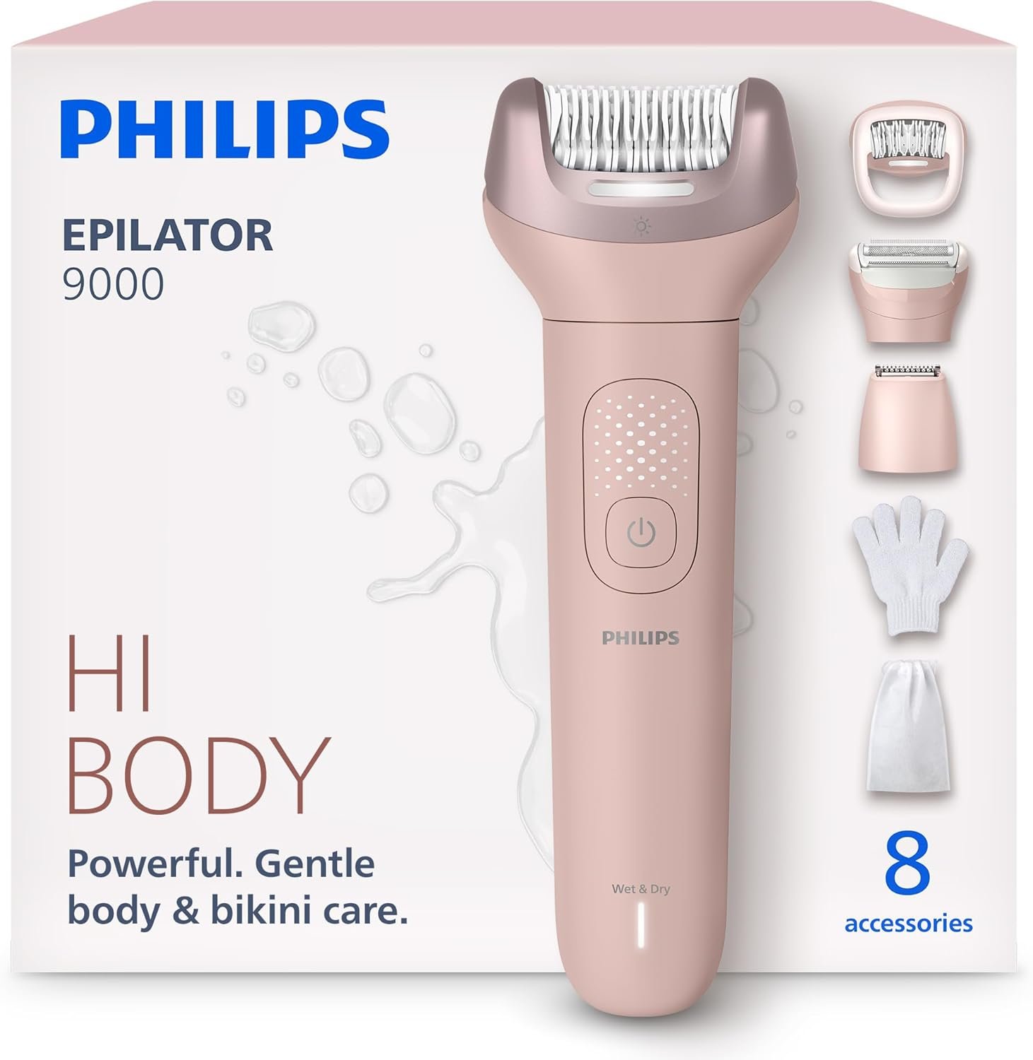 Philips Epilator Series 9000 – Cordless Wet and Dry Electric Epilator, Hair Removal for Legs, Body and Bikini, with ProGuide, 8 Accessories, 60 min. Runtime, Model BRE717/00