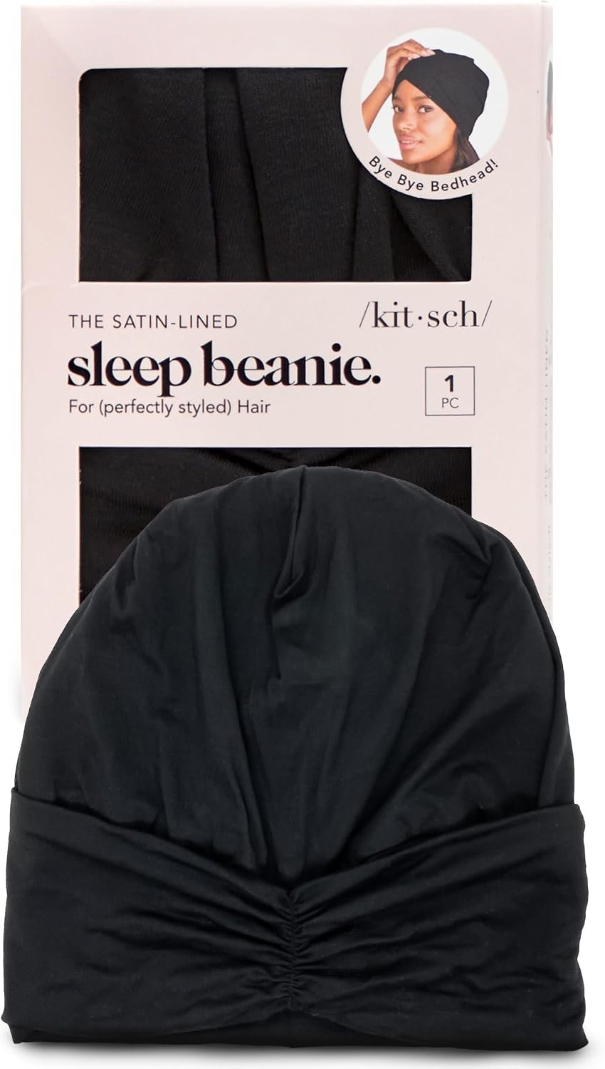Kitsch Satin Lined Beanie – Hair Wrap for Sleeping Women – Black