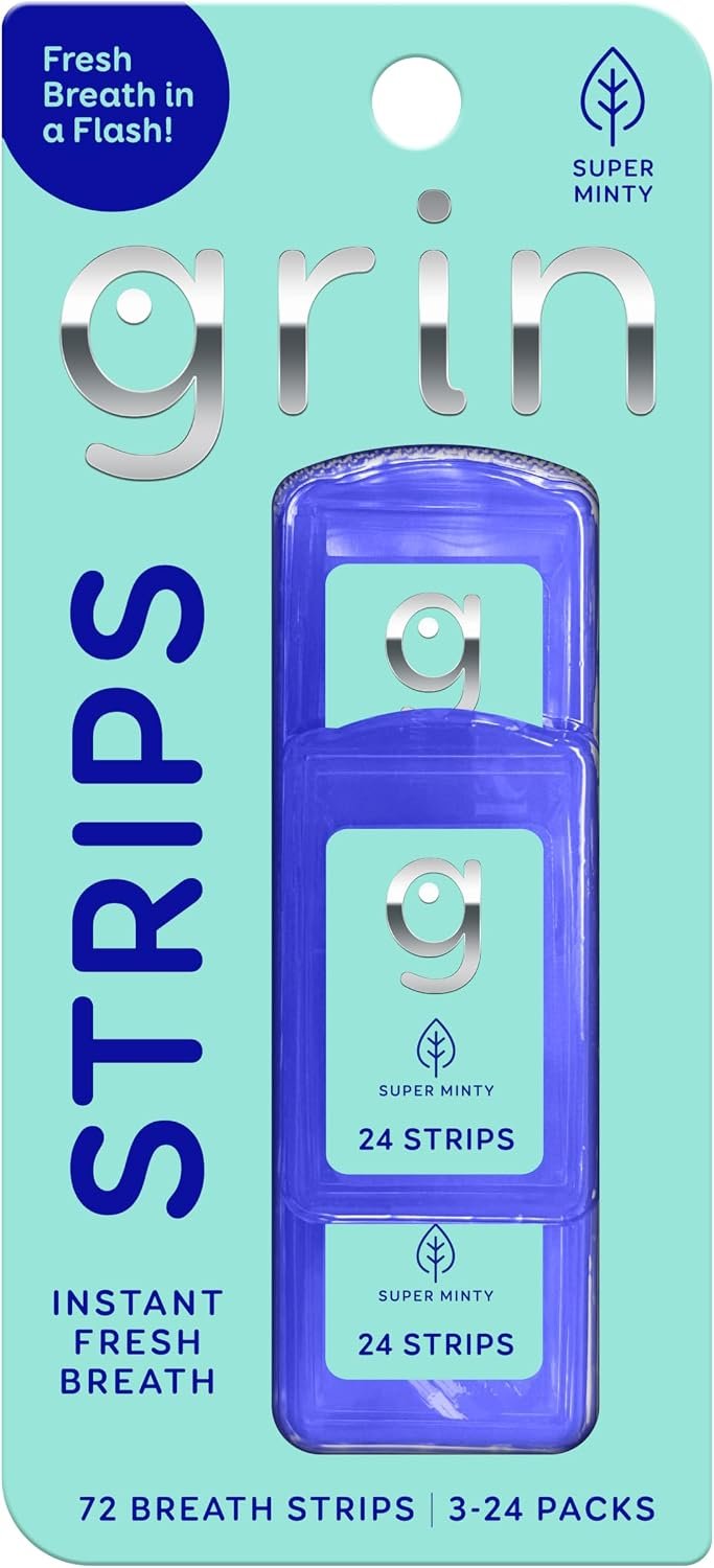 GRIN Super Minty Breath Strips Instant Breath Freshener Strips, Sugar-Free Dissolving Mint Strips, No Water Needed, Portable Pocket Cases, Super Mint Flavor, 72 Count (3 x 24)