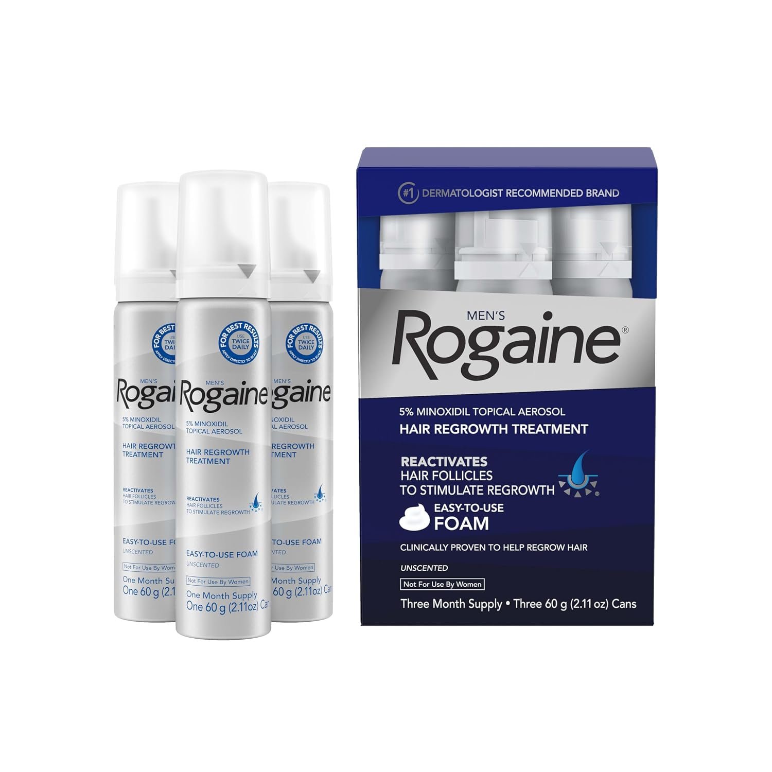 Men’s Rogaine 5% Minoxidil Topical Foam, Unscented, 3 x 2.11 oz