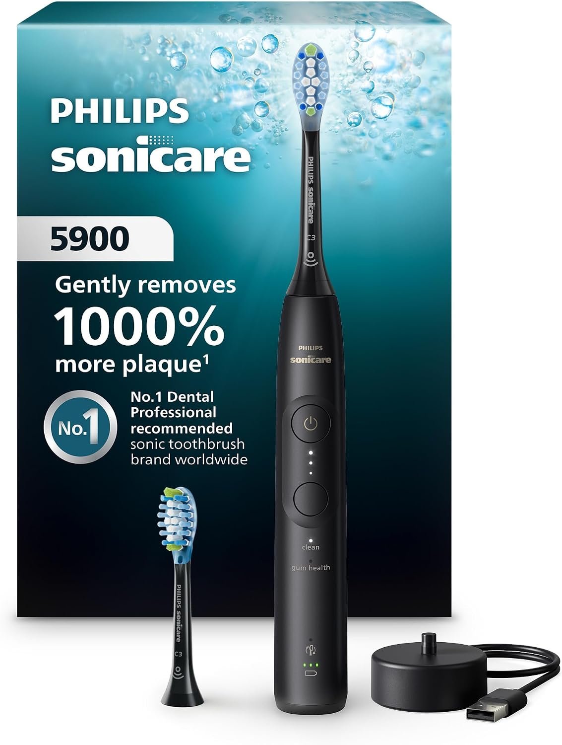 Philips Sonicare 5900 Rechargeable Electric Toothbrush, 2 Brush Head, Black