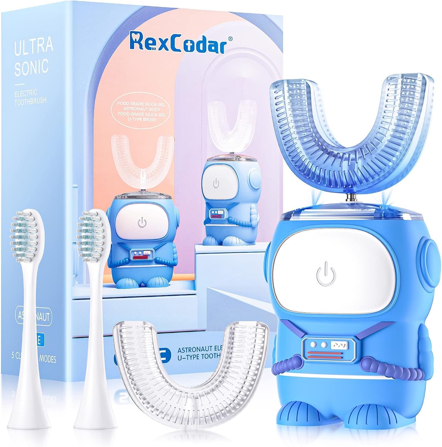 RexCodar Ultrasonic Kids U Shaped Electric Toothbrush,4 Brush Head,Age 6-12