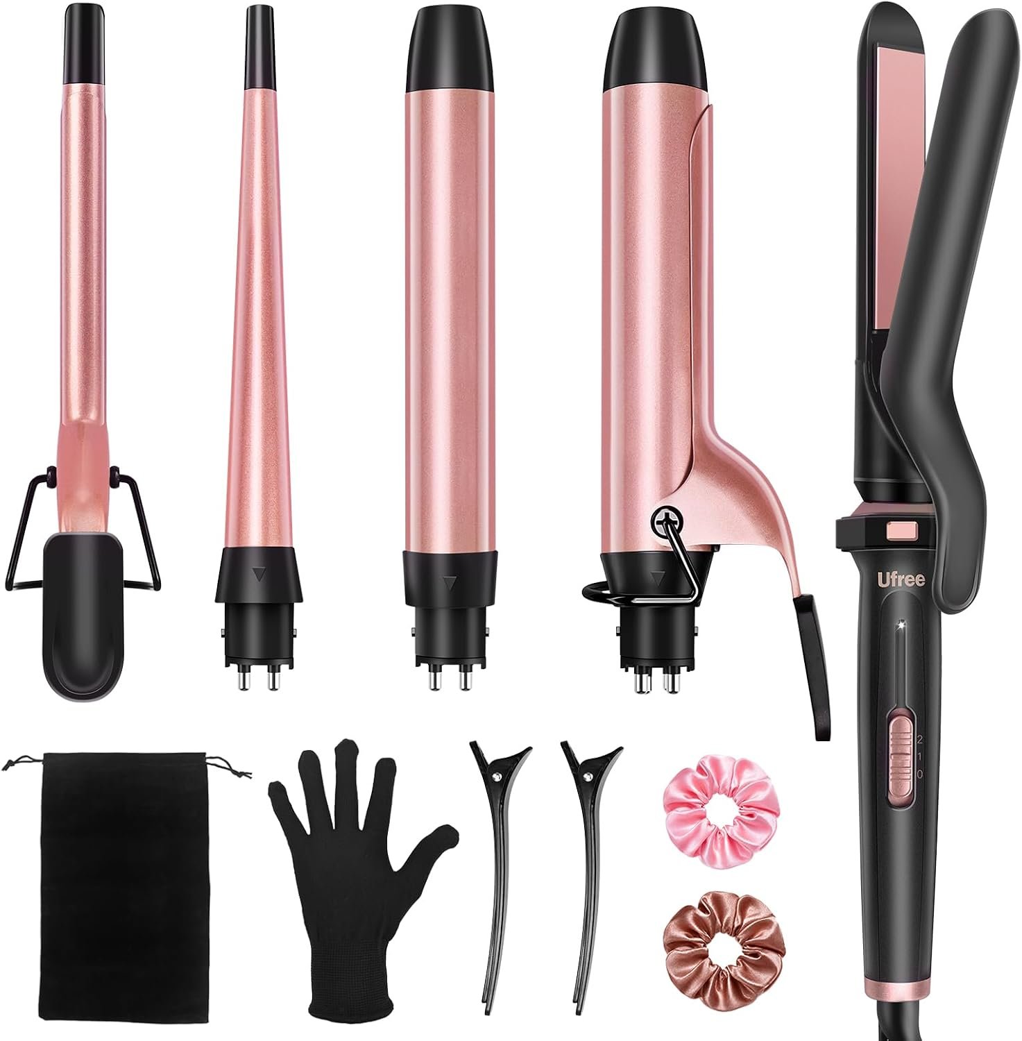 Ufree 5 in 1 Curling Iron Set with Flat Iron, 0.35″-1.25″ Ceramic Barrels