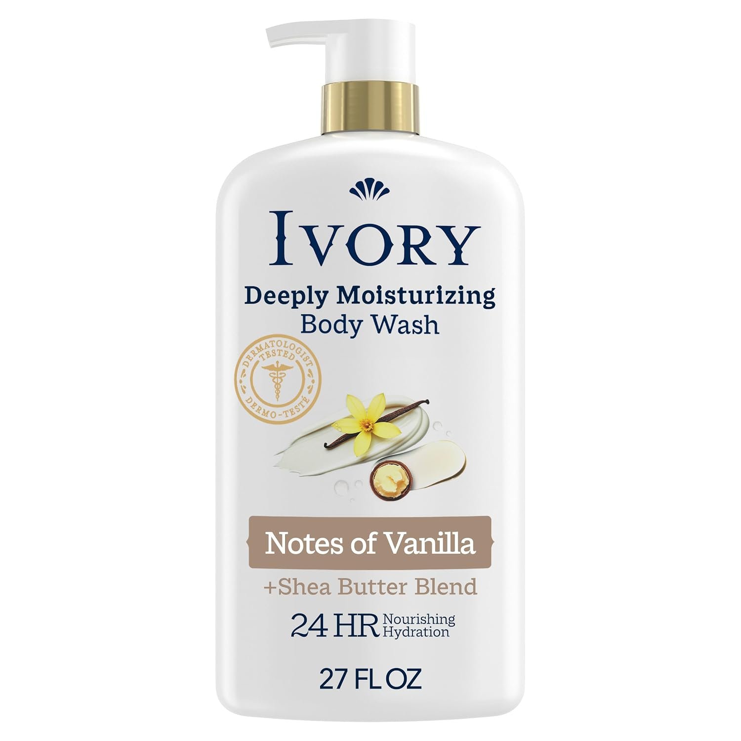 Ivory Deeply Moisturizing Body Wash, 24hr Nourishing Hydration, Soothes Itchy Dry Skin, Made with Shea Butter Blend, Free of Dyes Heavy Perfumes Parabens & Phthalates, Vanilla Scent, 27 oz